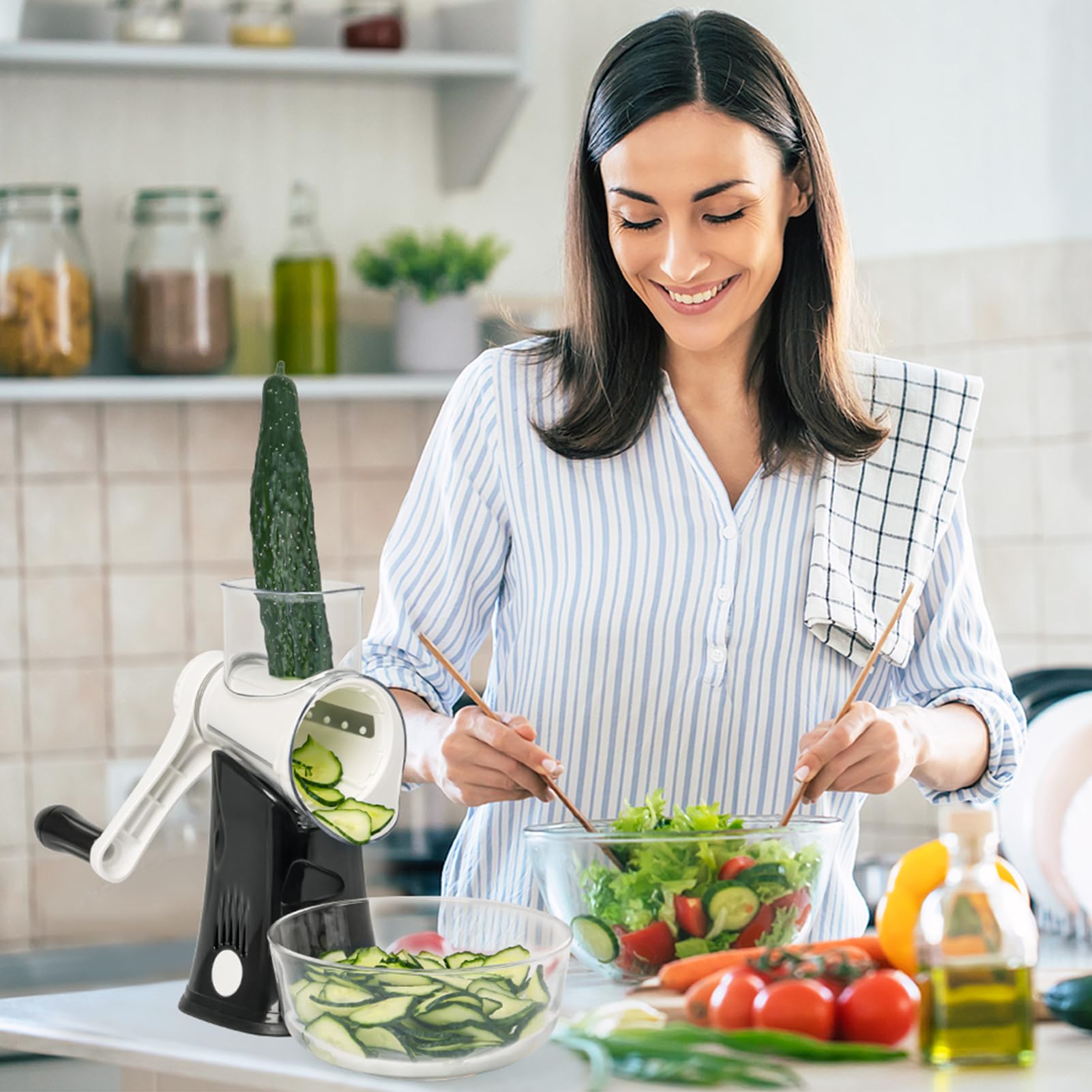 X Home grater quickly processes vegetables into uniform pieces.