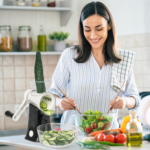 X Home grater quickly processes vegetables into uniform pieces.