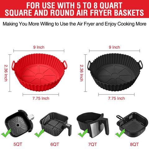 Xabzhzn silicone air fryer liner in black, 9-inch, promotes heat circulation for even cooking.