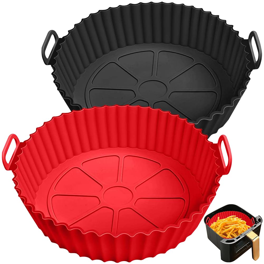 Xabzhzn silicone air fryer liner in red, 9-inch, fits 5-8 qt baskets for easy cleanup.