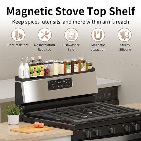 Xaogogo magnetic shelf in action over the range simplifies meal prep.