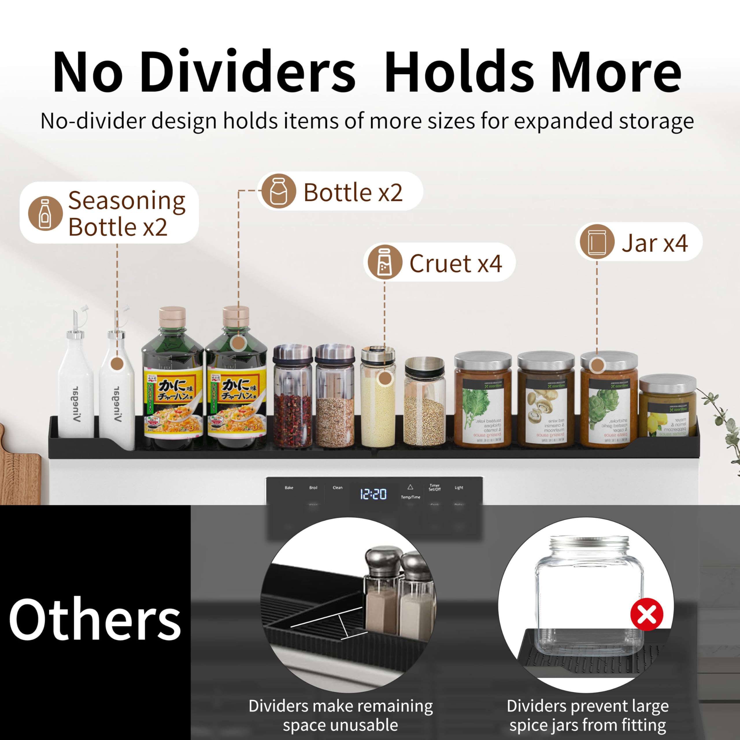 Xaogogo silicone shelf fits on curved stoves for versatile placement.