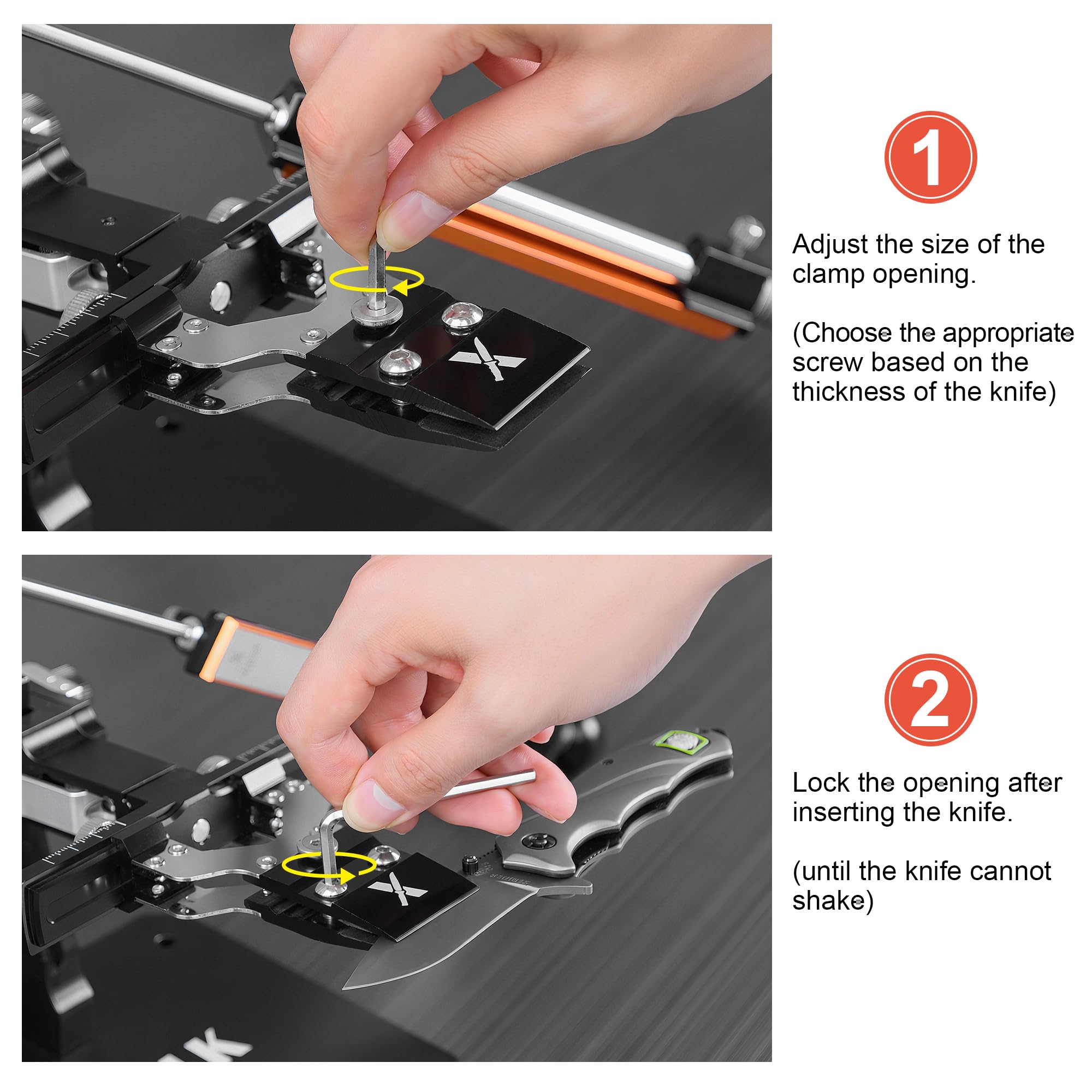 XARILK Center Y Clamp highlights suitability for knives up to 8 mm thick.