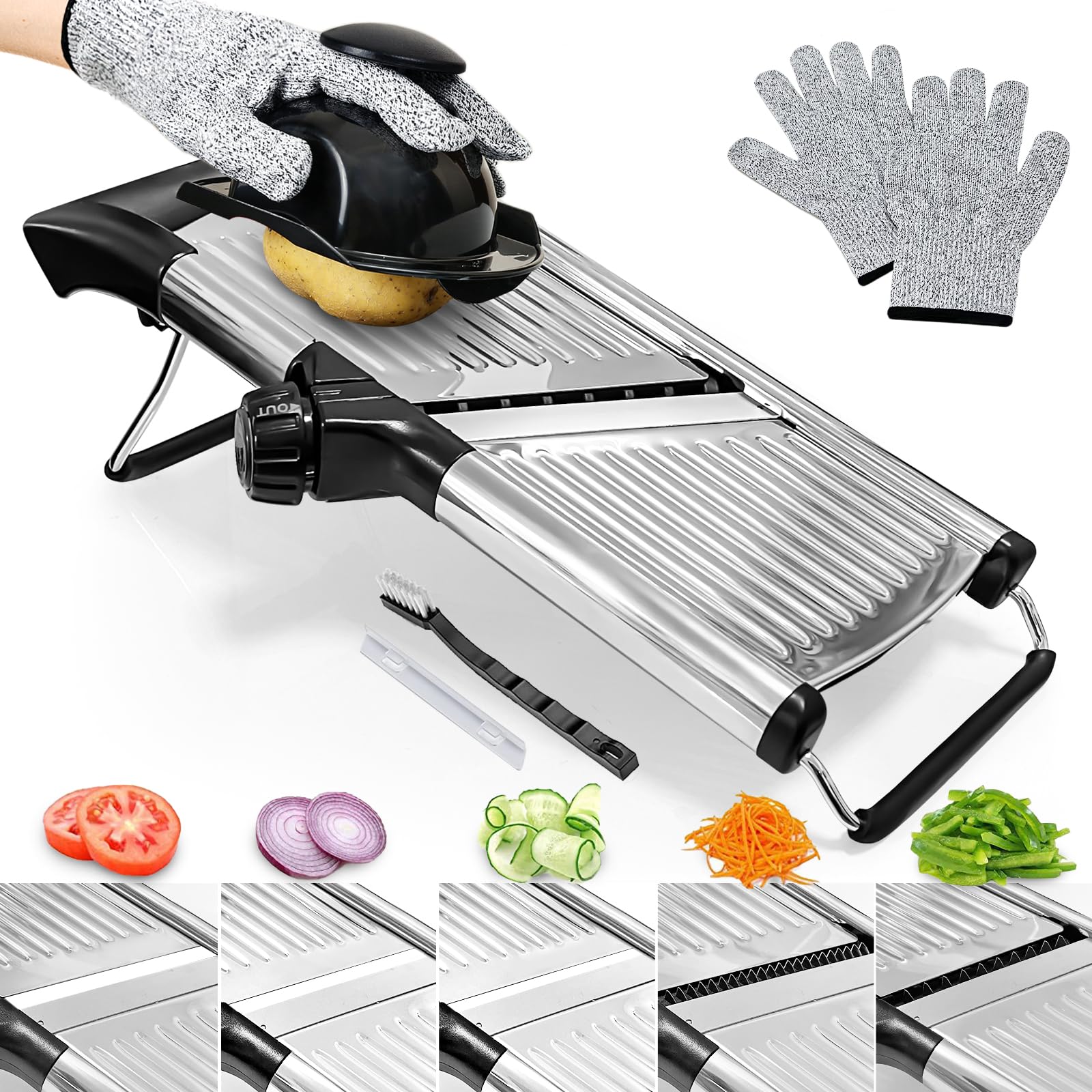 XAYCDEHN mandoline slicer safety handle enables hands-free slicing.