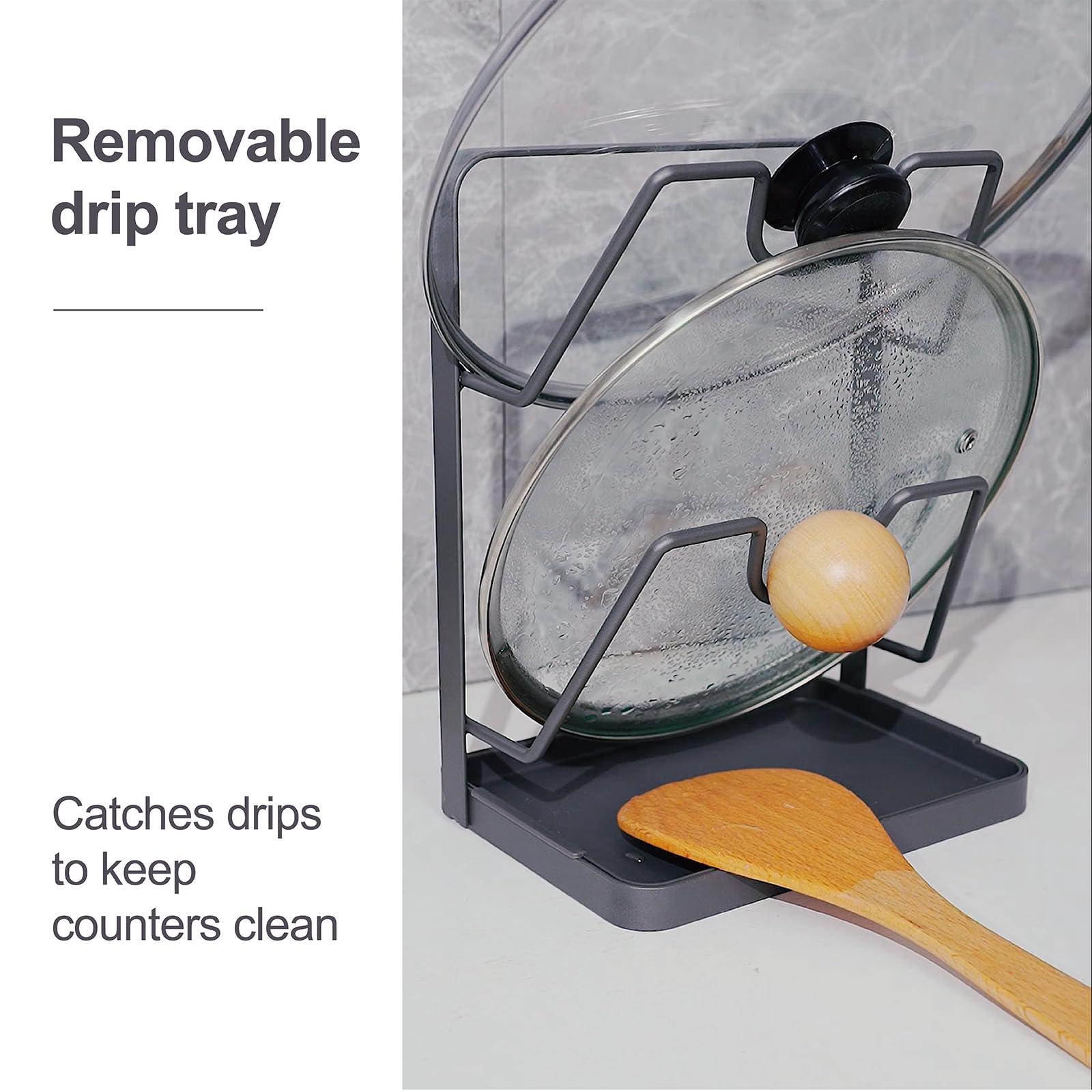XCCK space-saving stand holds two lids vertically.