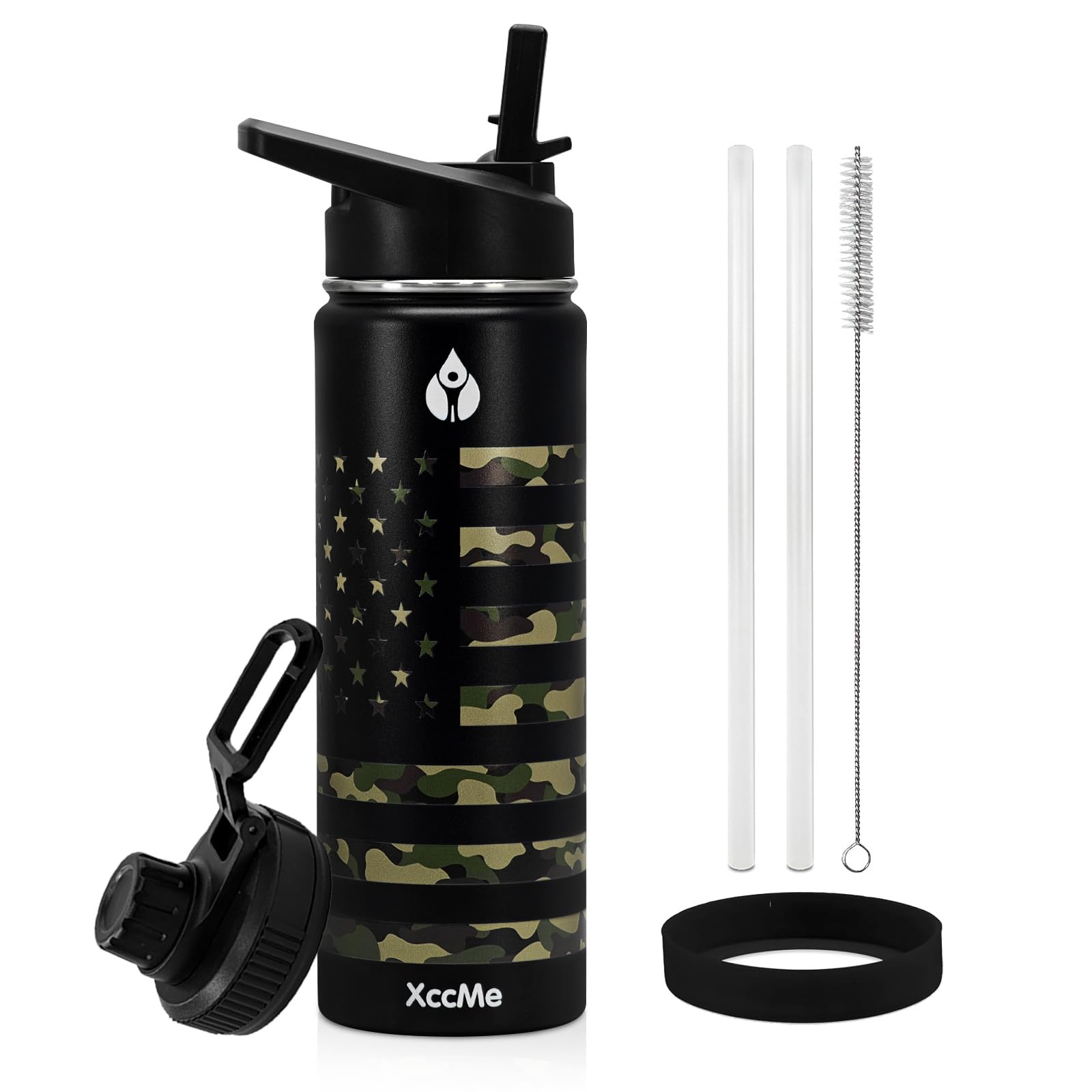 XccMe 22 oz insulated camouflage bottle keeps beverages cold during workouts.