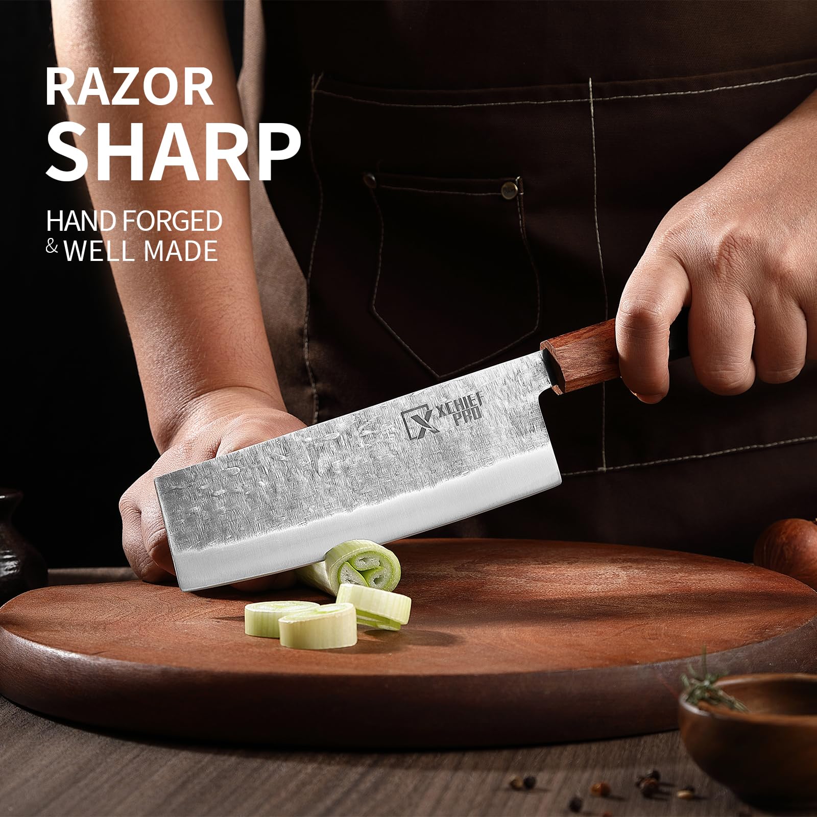 XCHIEF PRO 8-inch Gyuto knife ready for chopping vegetables.