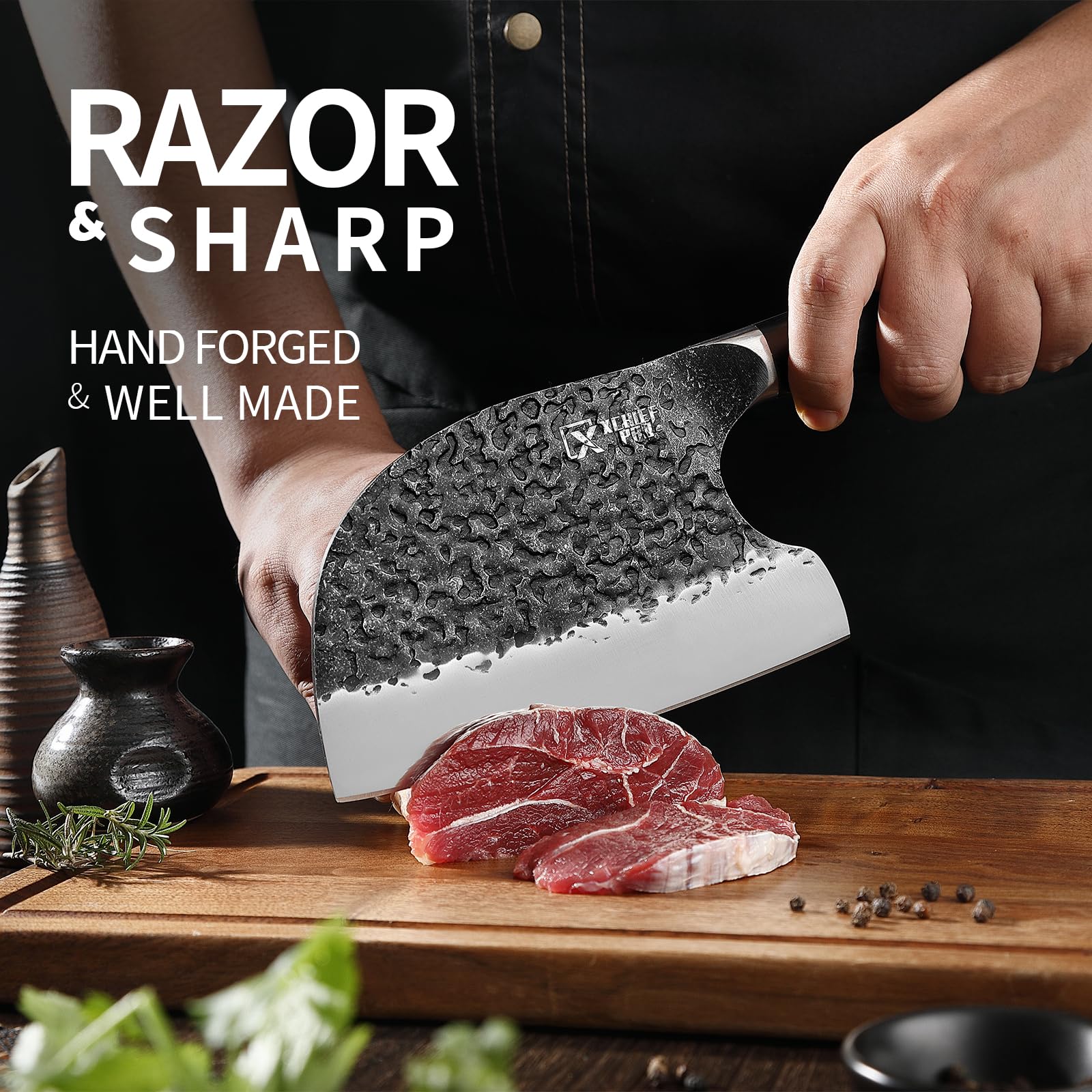 XCHIEF PRO high-carbon steel blade closeup highlights sharp, durable performance
