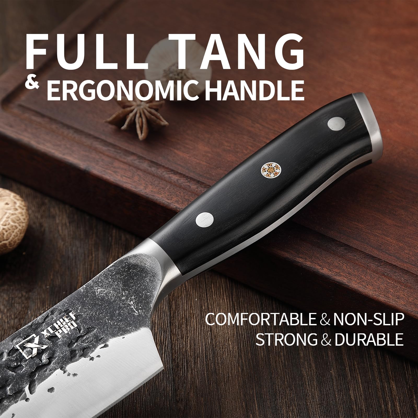XCHIEF PRO wooden full-tang handle demonstrates ergonomic grip and balance