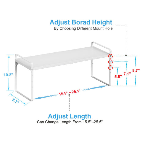 X-cosrack shelf demonstrates height adjustability from 5.5 to 8.1 inches.