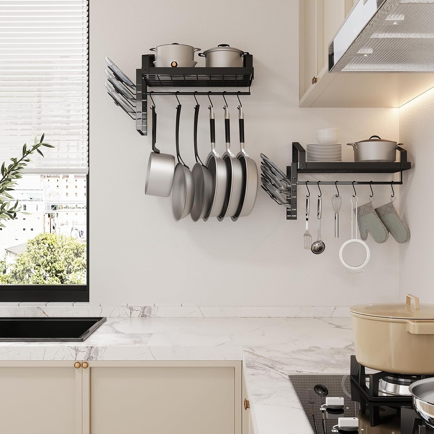 X-cosrack two-tier grid shelves showing open storage for pots and lids.
