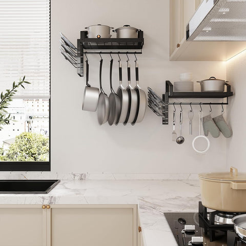 X-cosrack two-tier grid shelves showing open storage for pots and lids.