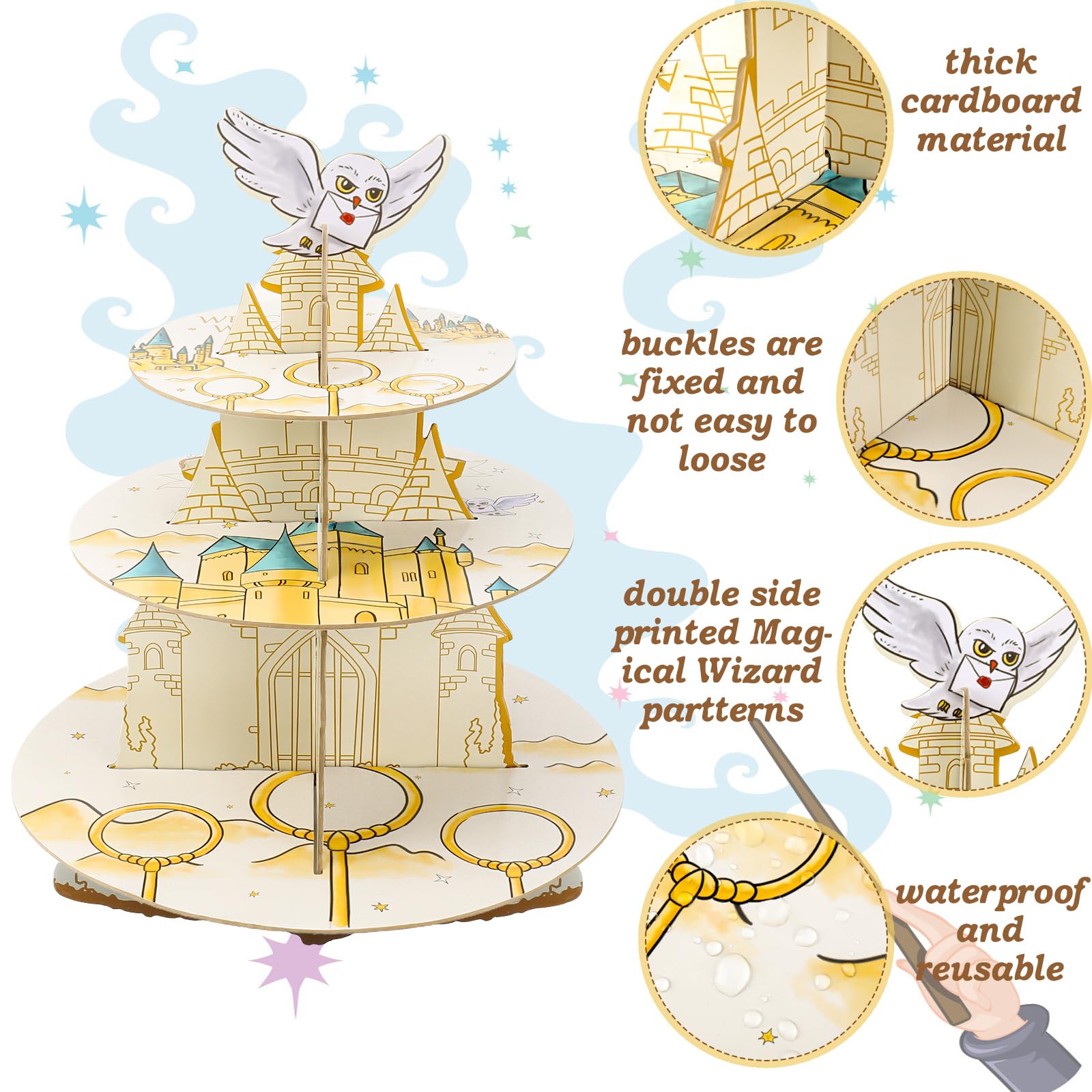 XEFINAL wizard cupcake stand display with cupcakes on a festive table
