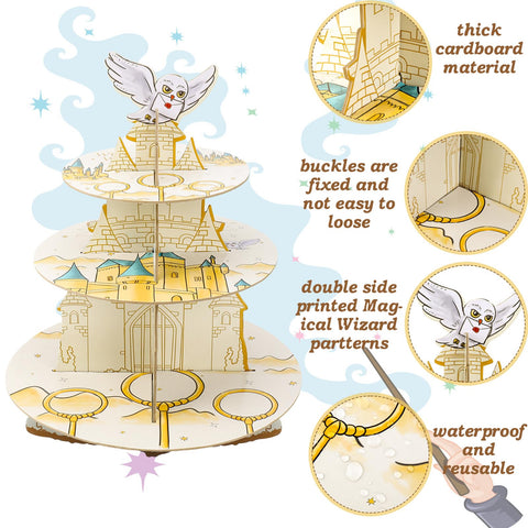 XEFINAL wizard cupcake stand display with cupcakes on a festive table