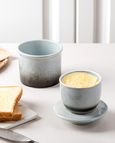 Xela butter crock closeup shows unique glaze variation for stylish display