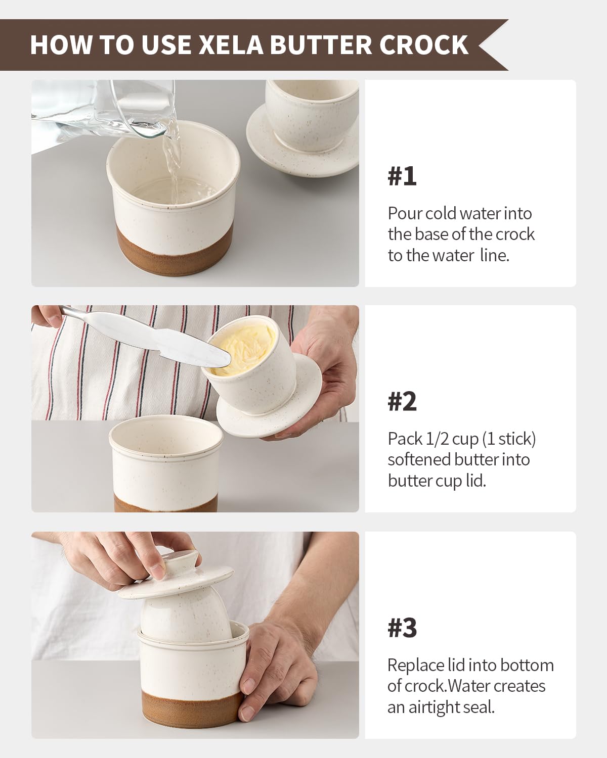 Durable porcelain finish of Xela Butter Crock Latte shown