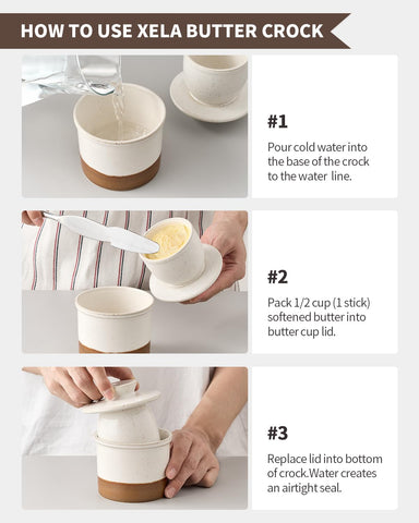 Durable porcelain finish of Xela Butter Crock Latte shown