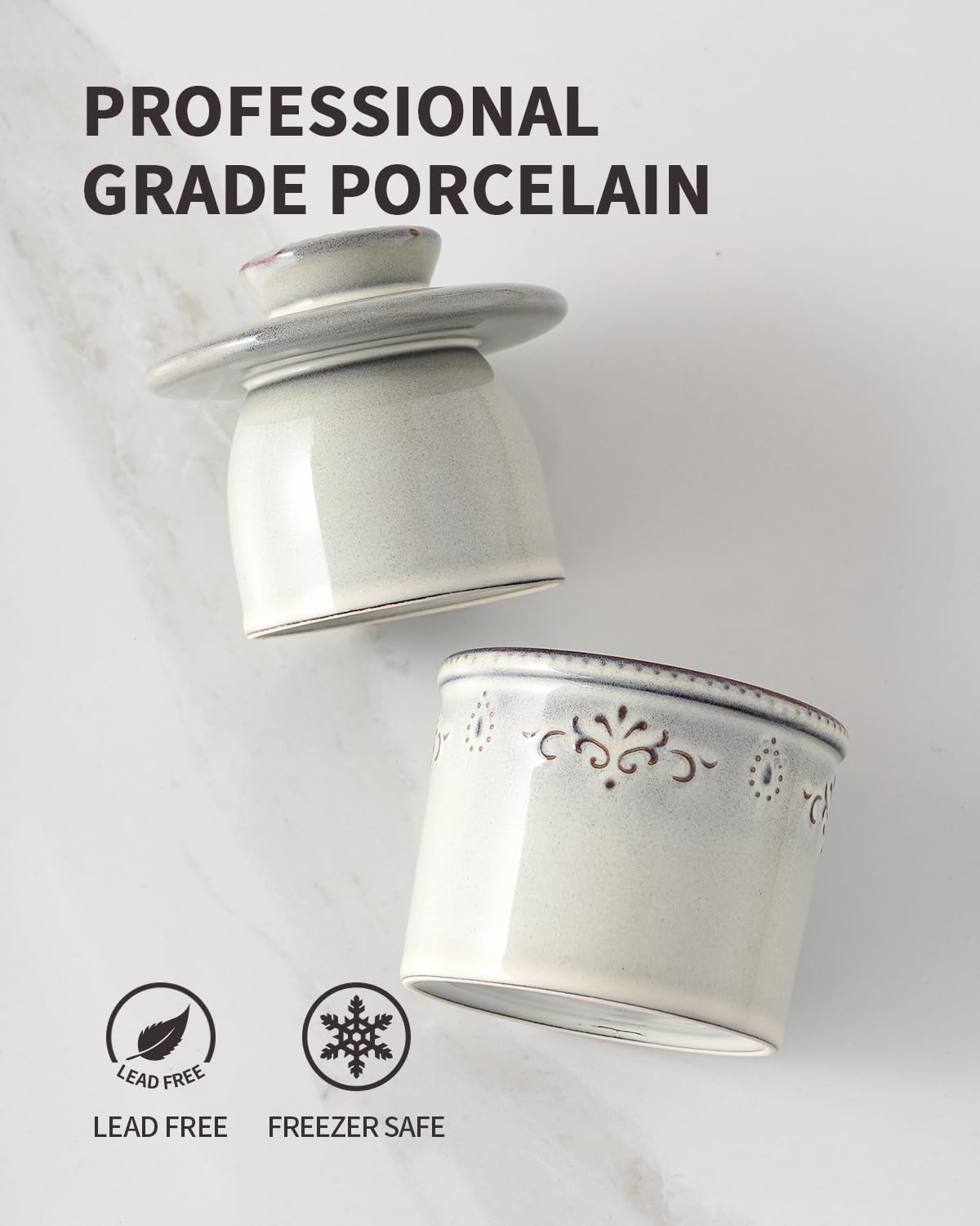 Light gray Xela butter crock on the countertop for everyday use