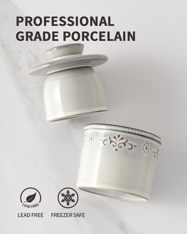 Light gray Xela butter crock on the countertop for everyday use