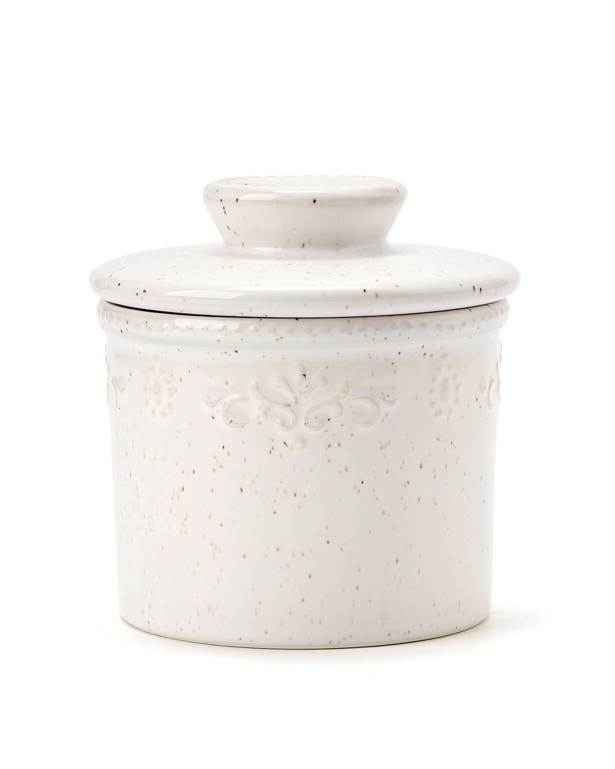 Xela butter dish speckled white front view for stylish countertop storage.