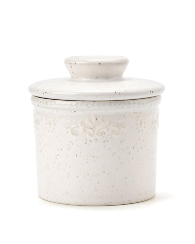 Xela butter dish speckled white front view for stylish countertop storage.