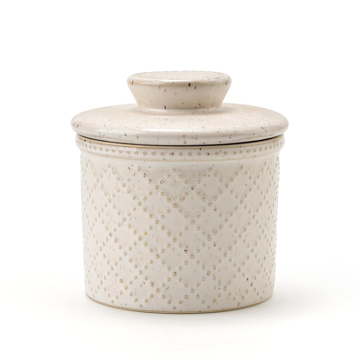 Xela ceramic butter crock with lid shows airtight seal for soft butter