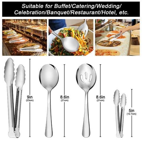 XEVOM serving utensils slotted spoons drain excess liquids while serving.