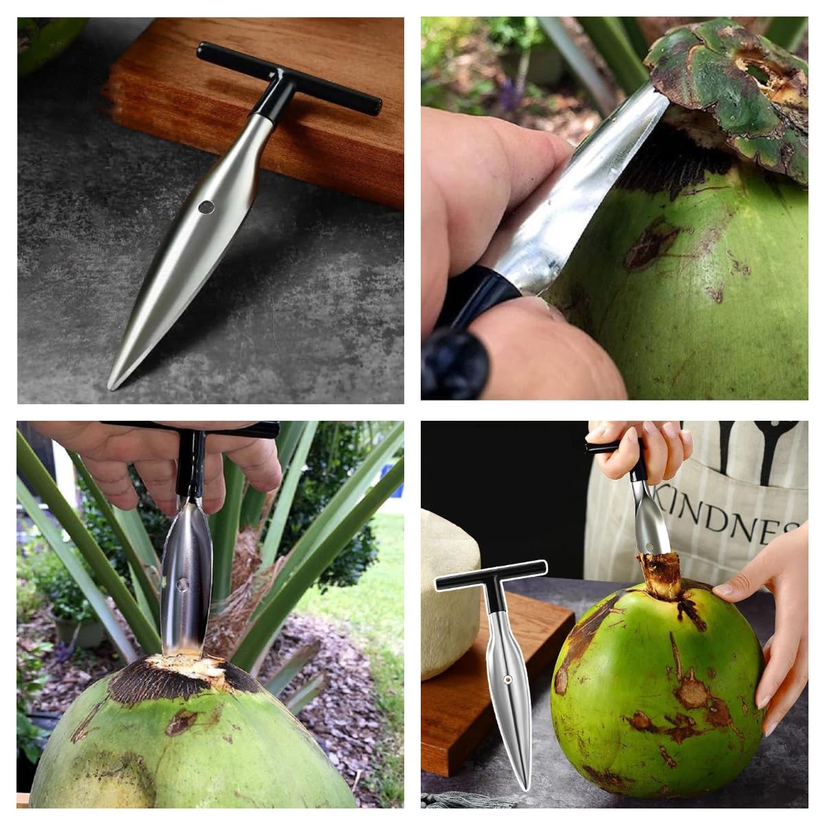 Stainless steel coconut opener close-up showing durable puncher design