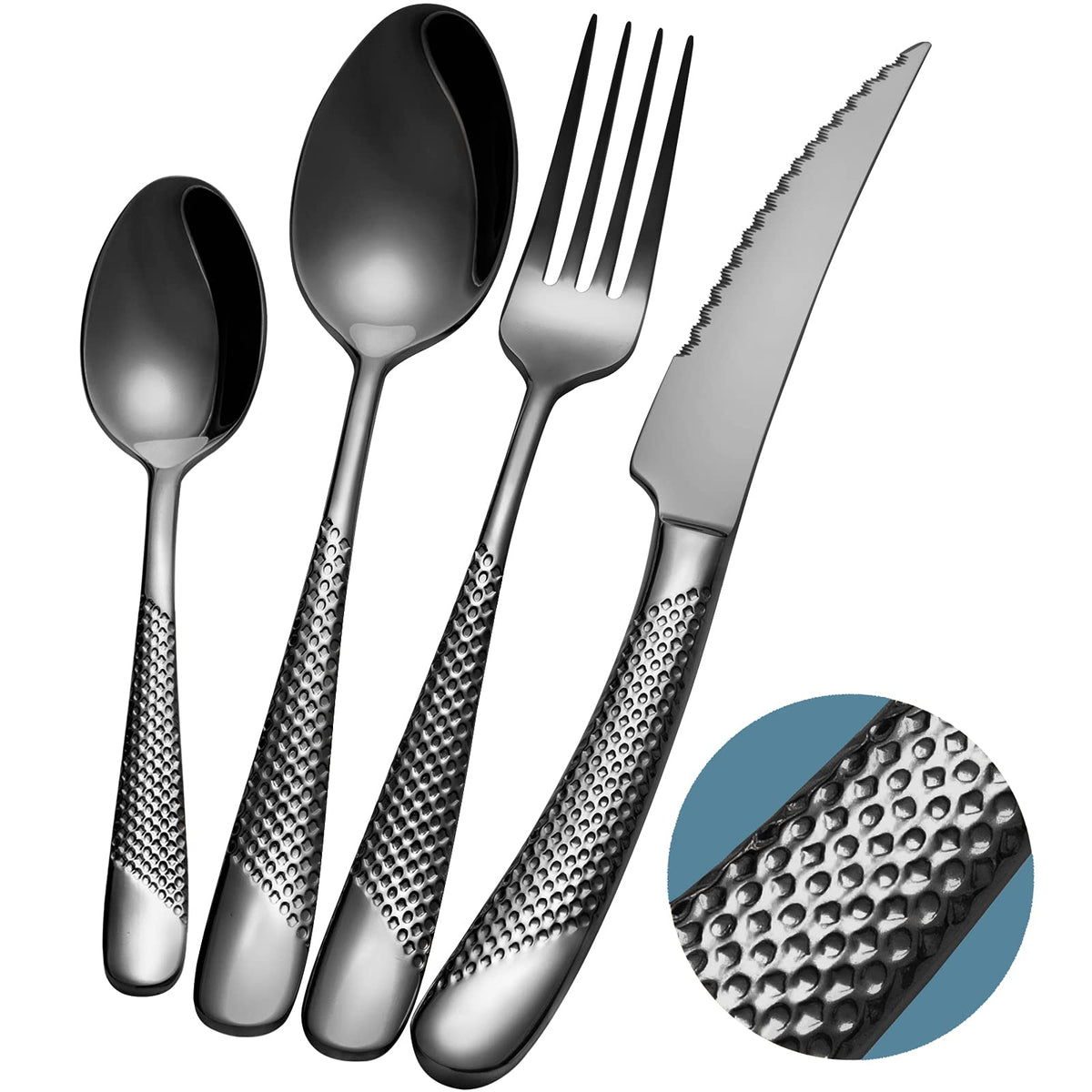 Xideman black hammered 16-piece silverware set overview for refined everyday dining.