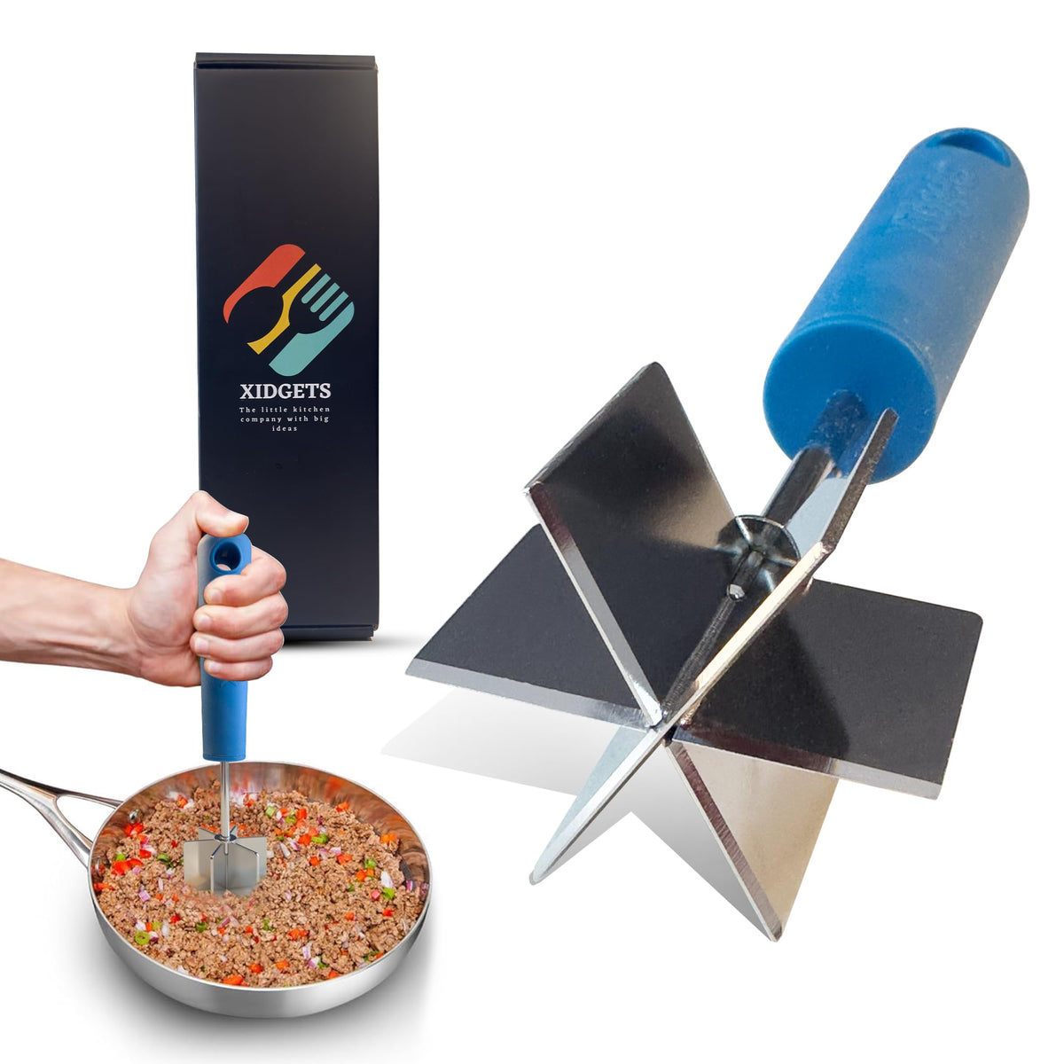 Xidgets meat masher with soft-grip Lagoon Blue handle for easy, comfortable mashing.