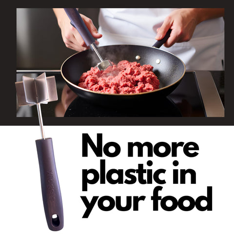 Xidgets ten-inch meat masher offers extended reach for large batches.
