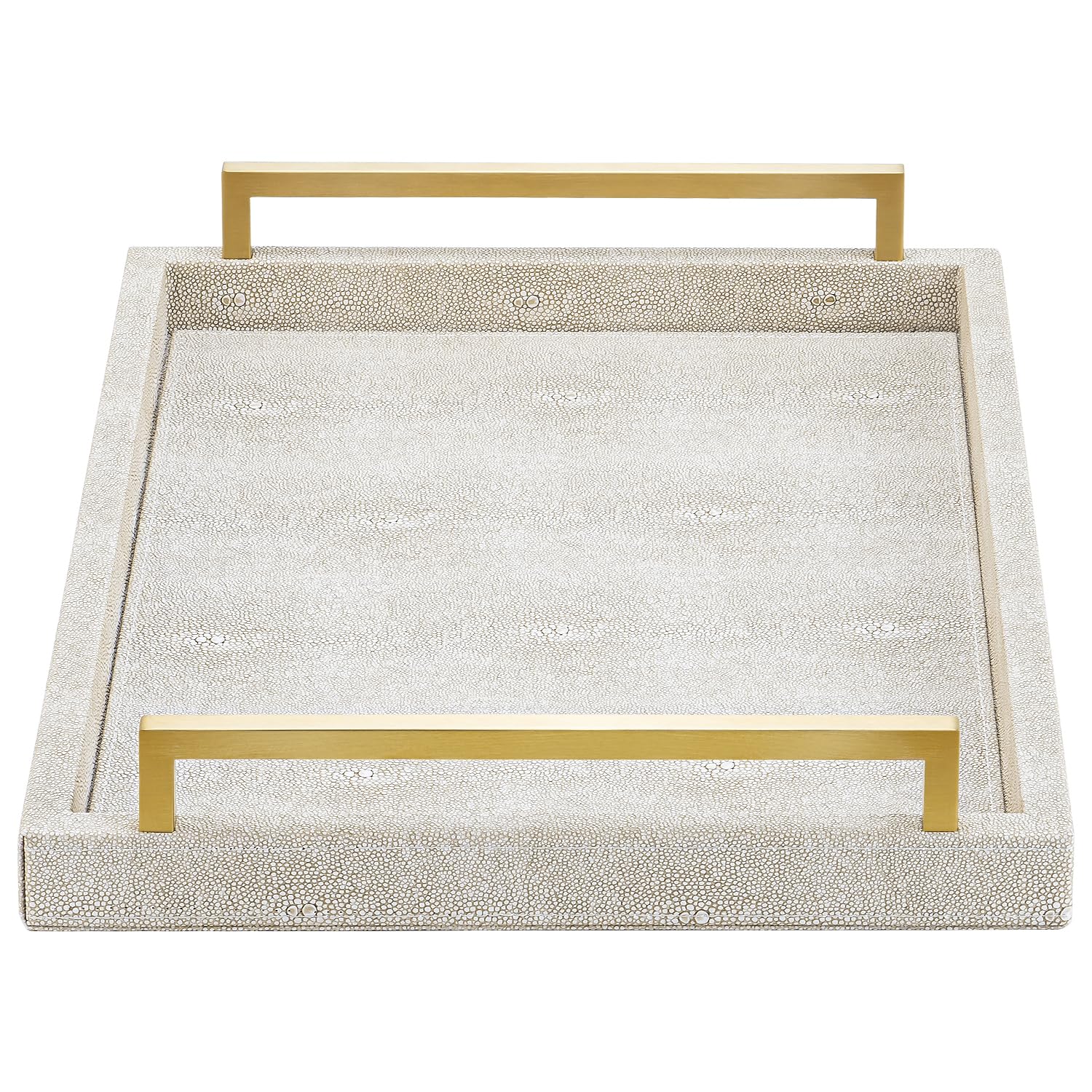 XIGEXIGE ivory shagreen tray on an ottoman, ideal for drinks and decor.