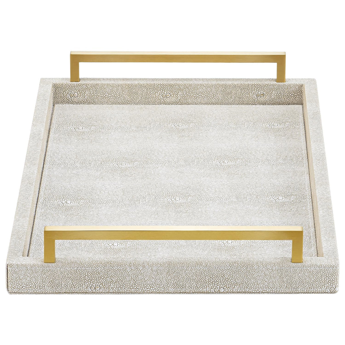 XIGEXIGE ivory shagreen tray on an ottoman, ideal for drinks and decor.