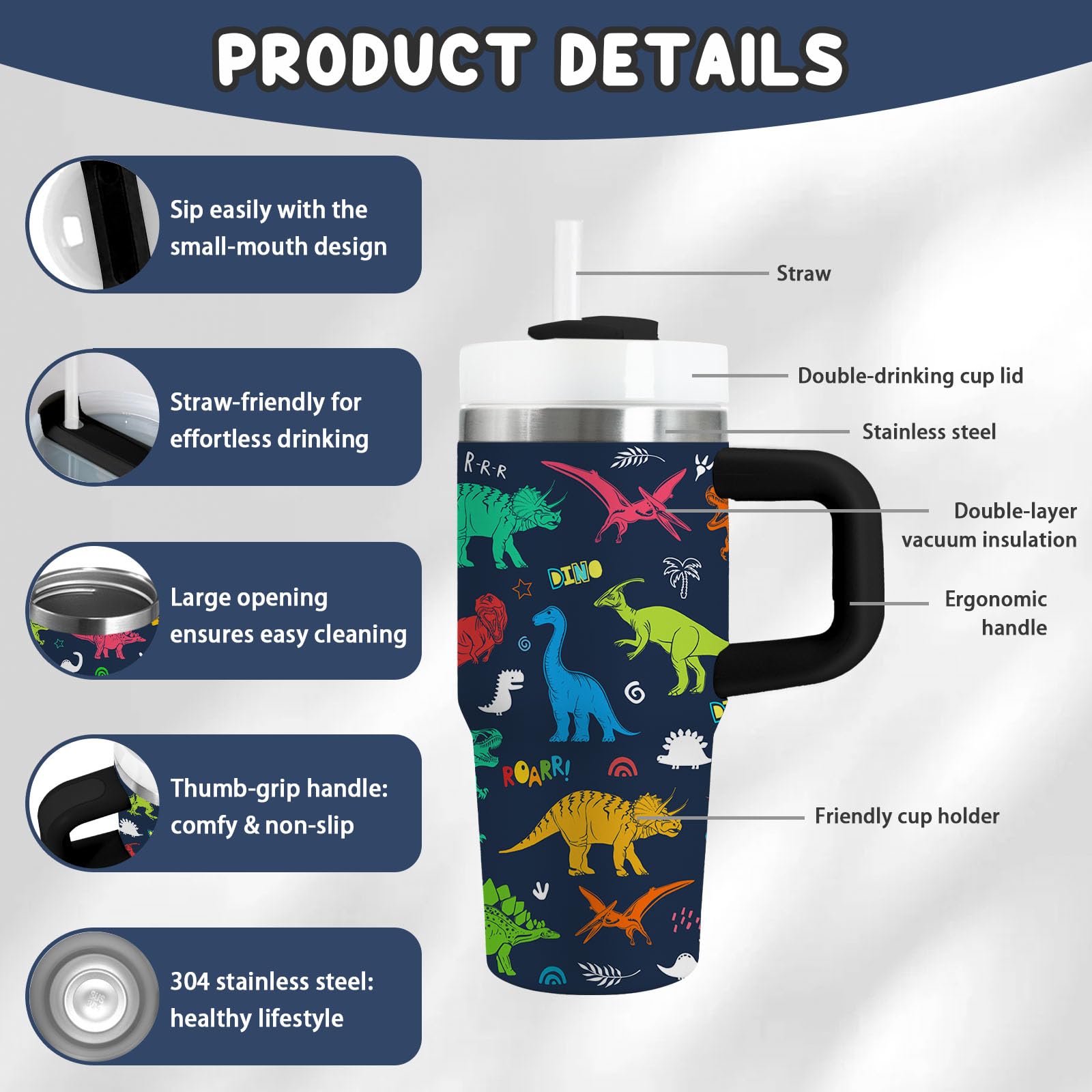 Xiiai dinosaur tumbler with lid and straw for convenient sipping.
