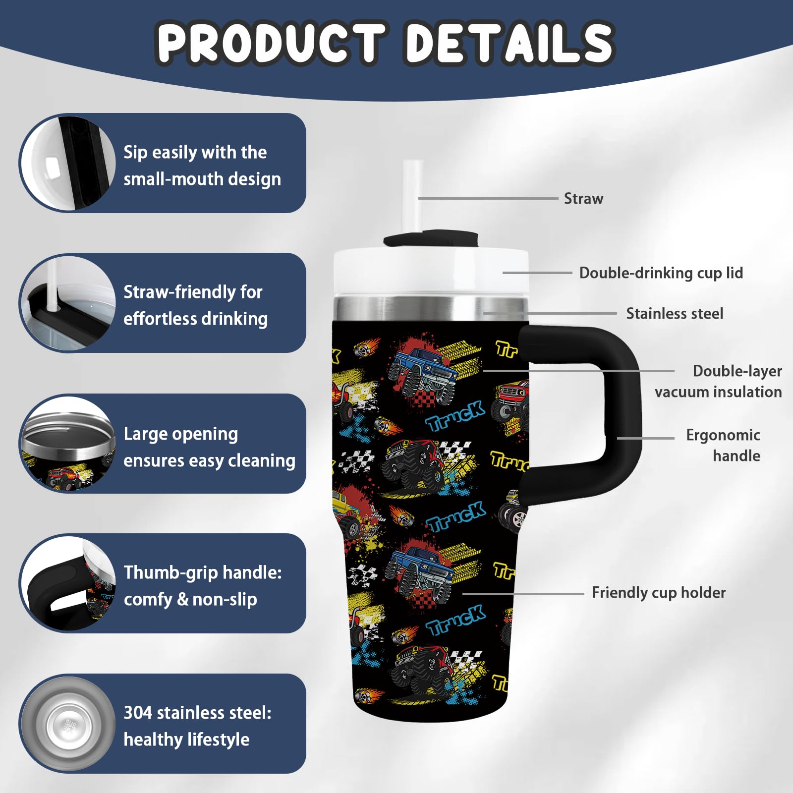 xiiai Monster Truck Tumbler lid designed for secure, spill-resistant sipping
