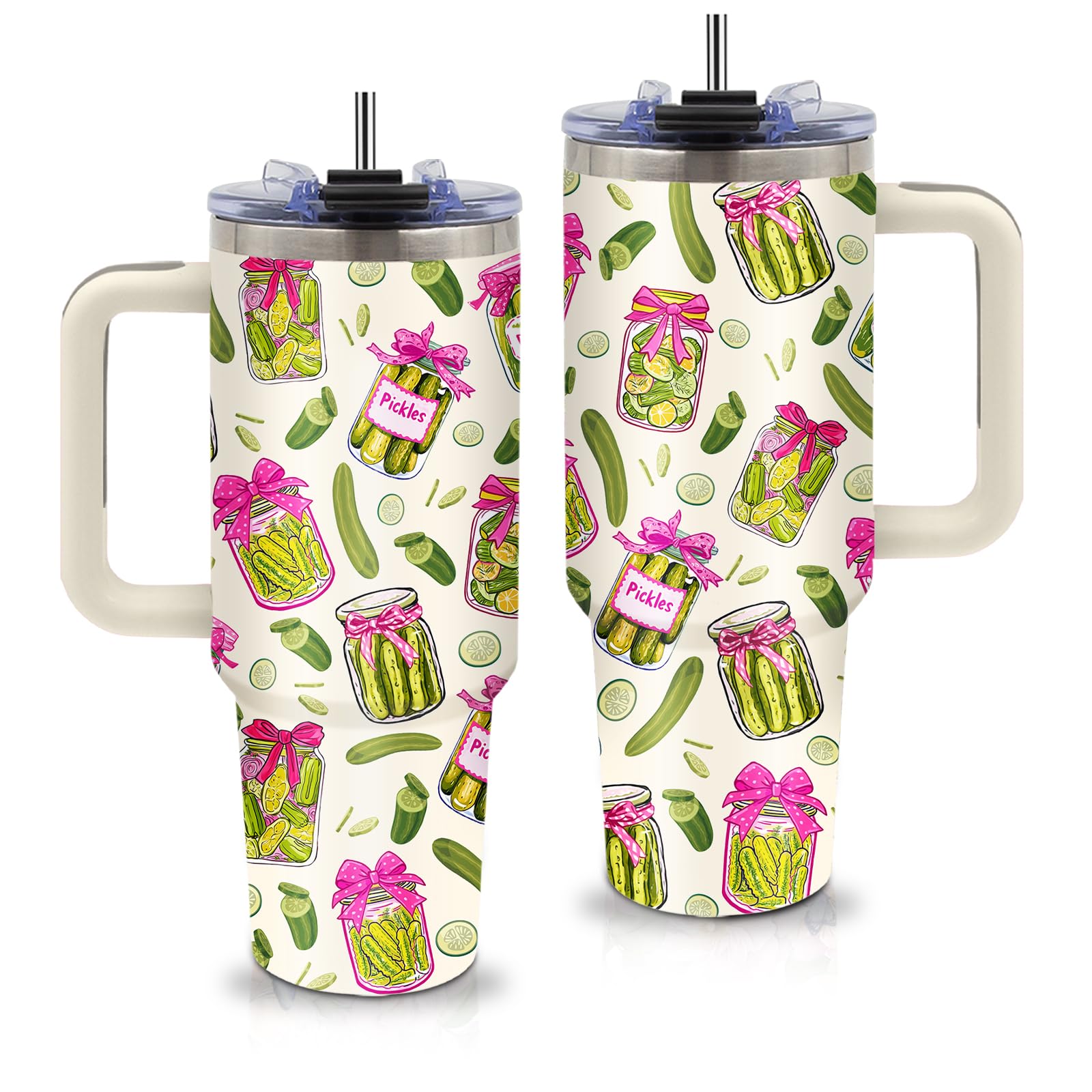 xiiai Pickle Gifts tumbler with handle showing vibrant pickle motif for picnics