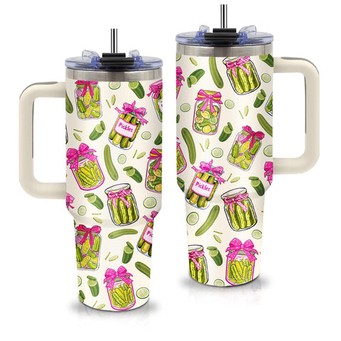 xiiai Pickle Gifts tumbler with handle showing vibrant pickle motif for picnics