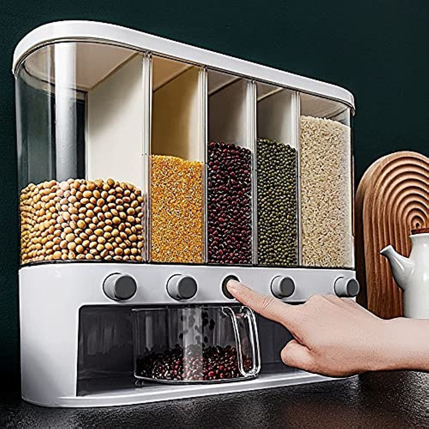 Xilei Dry Food Dispenser wall-mounted 5-grid keeps grains organized and visible.