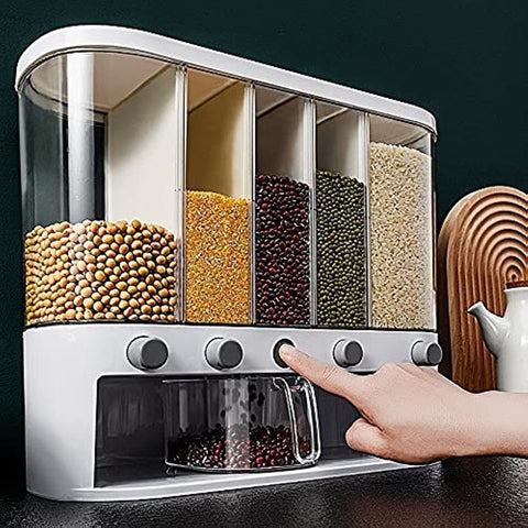 Xilei Dry Food Dispenser wall-mounted 5-grid keeps grains organized and visible.