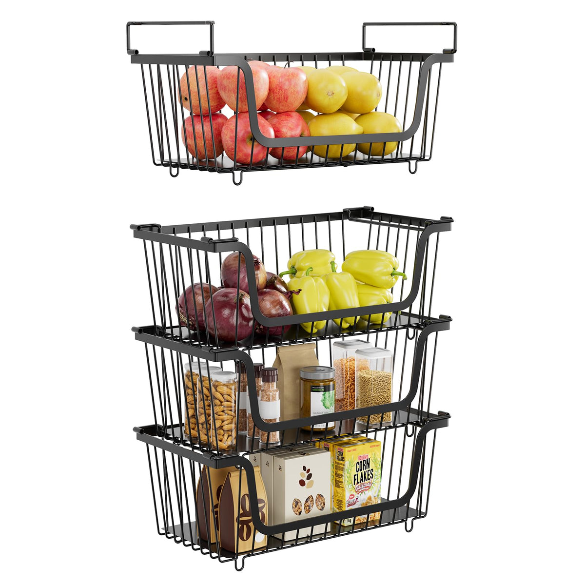XILIDIA stackable wire baskets shown in a modular layout for flexible pantry organization.