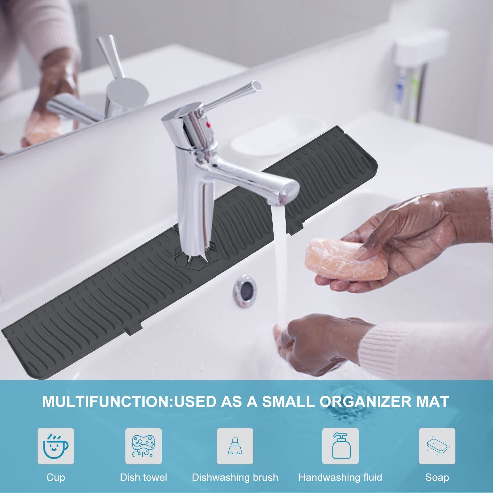 Xingruyu large 30x5.5 inch mat fits wide faucet gaps.