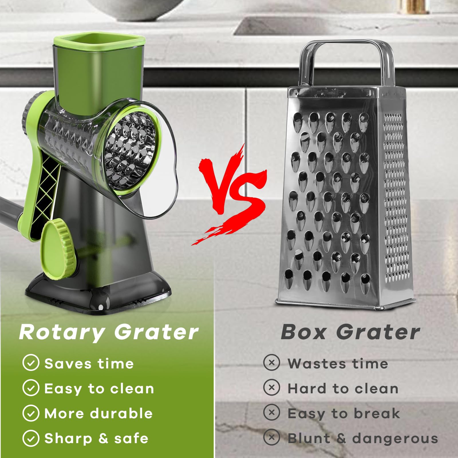 XinM cheese grater with 3 blades for slicing, grating, and julienne prep.