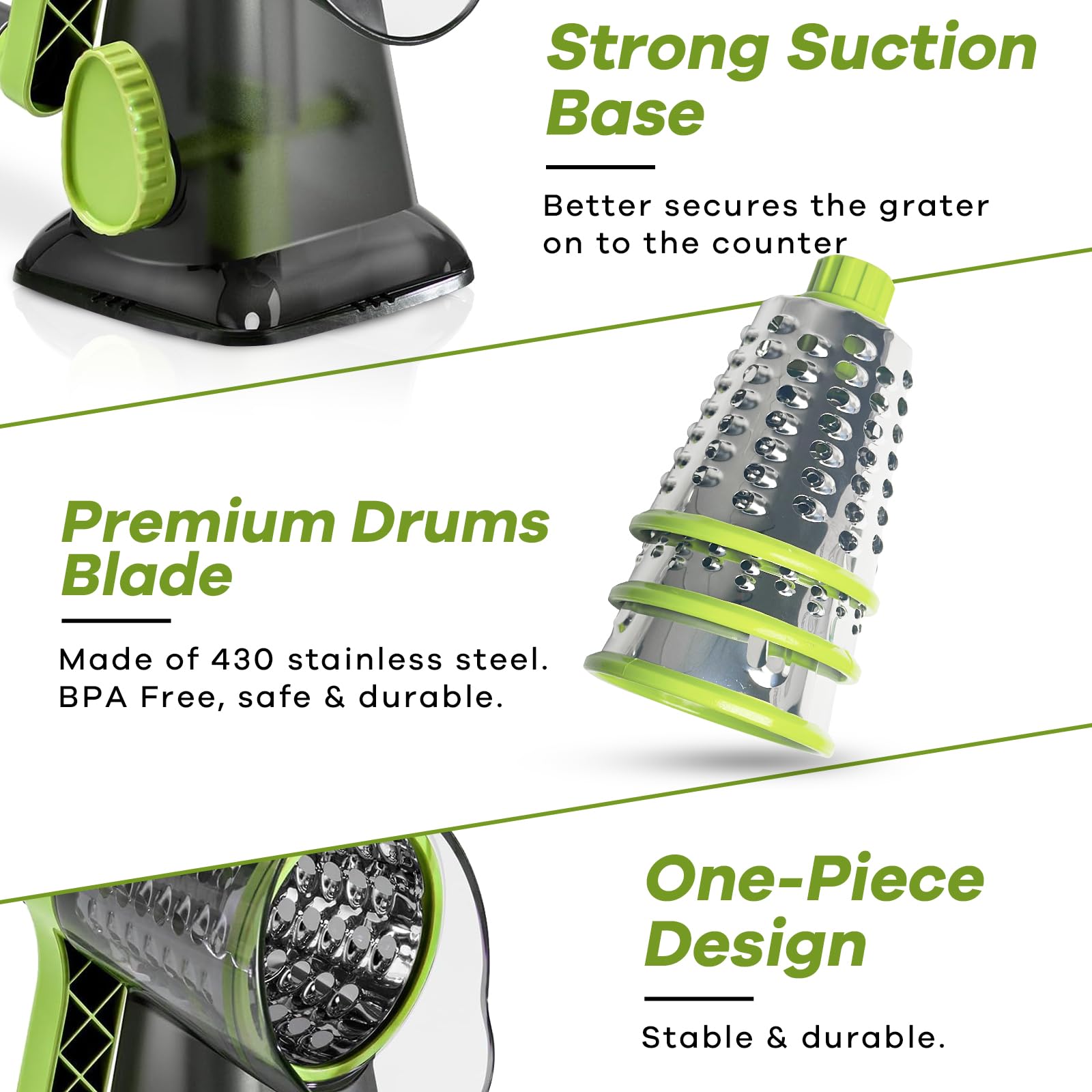 XinM green-handle rotary grater adds versatile shredding to recipes.