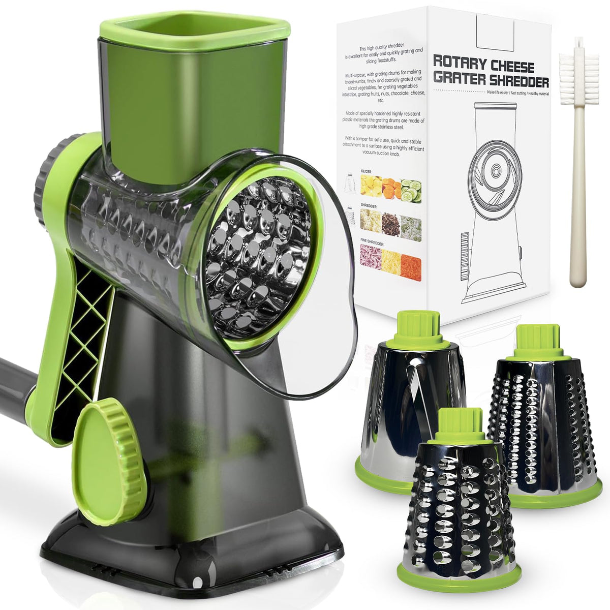 XinM rotary cheese grater with handle for safe, hands-free shredding.