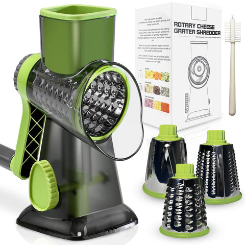 XinM rotary cheese grater with handle for safe, hands-free shredding.