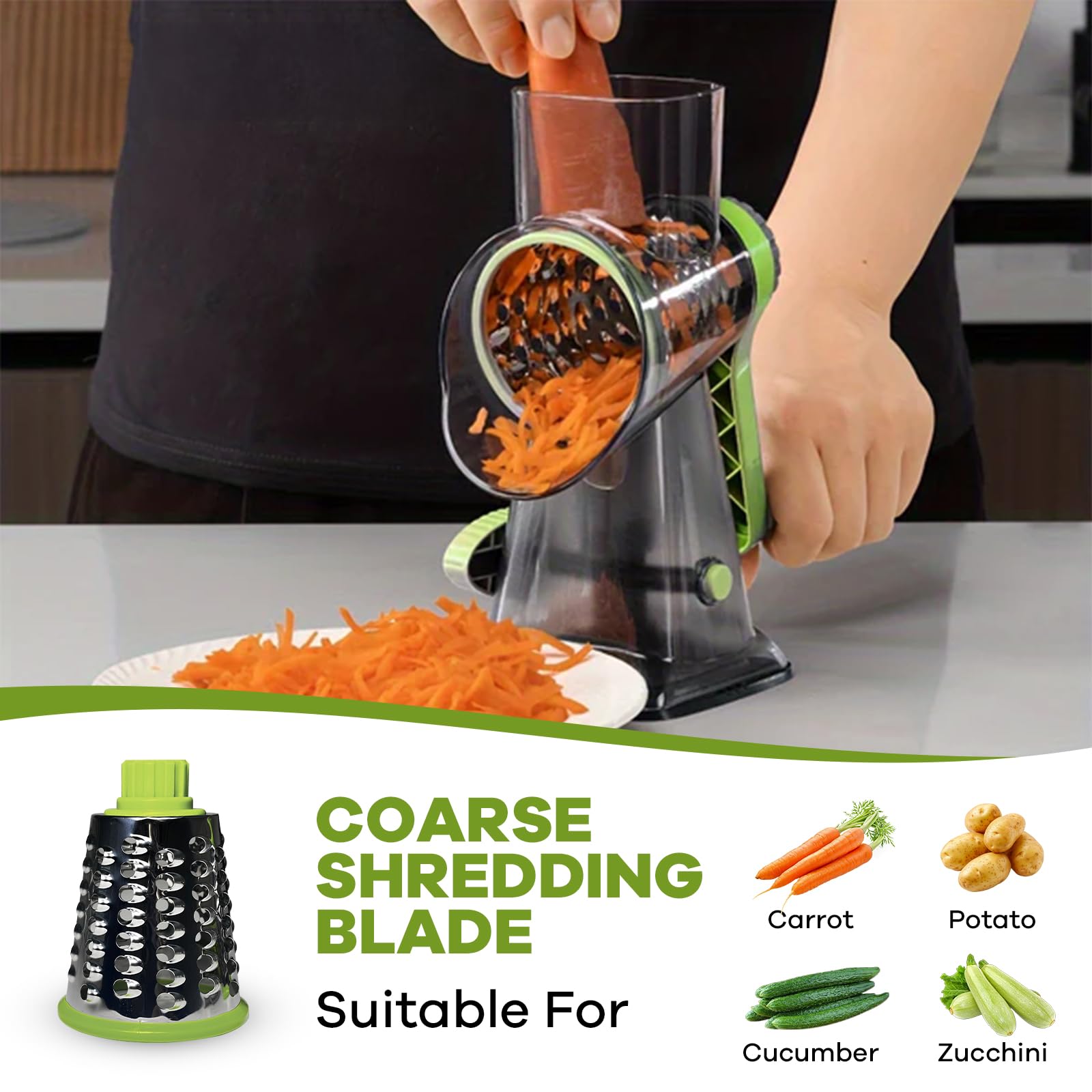XinM rotary grater with strong suction base for stable counter use.
