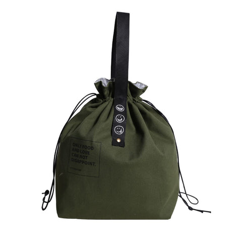 XINSHUN canvas lunch bag front view with drawstring opening for easy access.