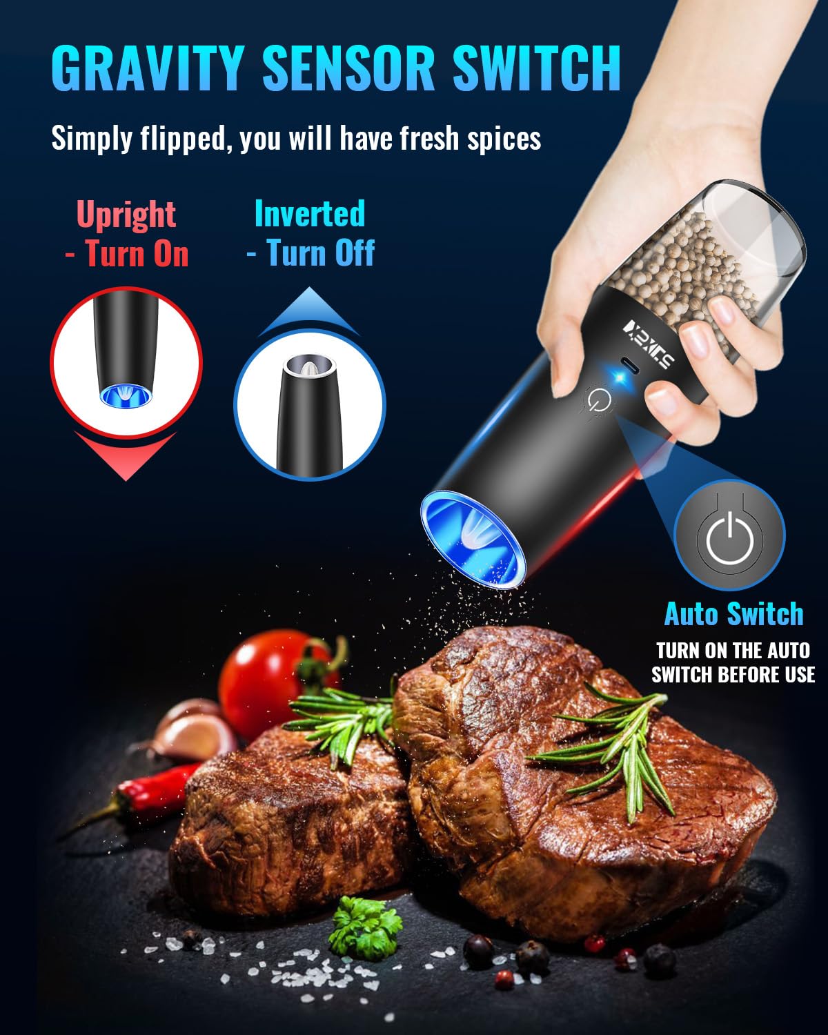 XinXu grinder with blue LED light illuminating the grind