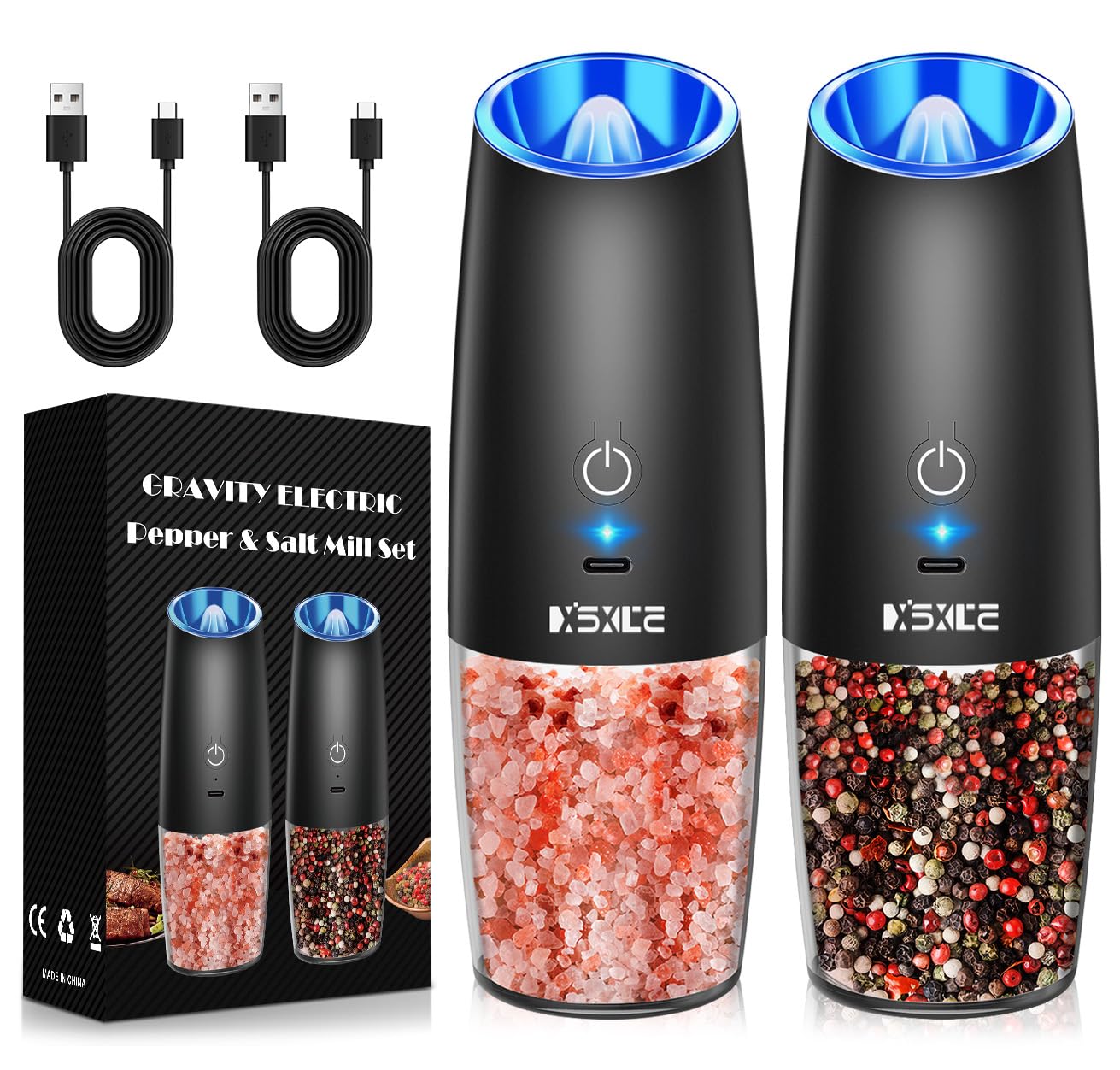 XinXu rechargeable pepper and salt grinders with gravity switch and LED light for effortless one-hand seasoning