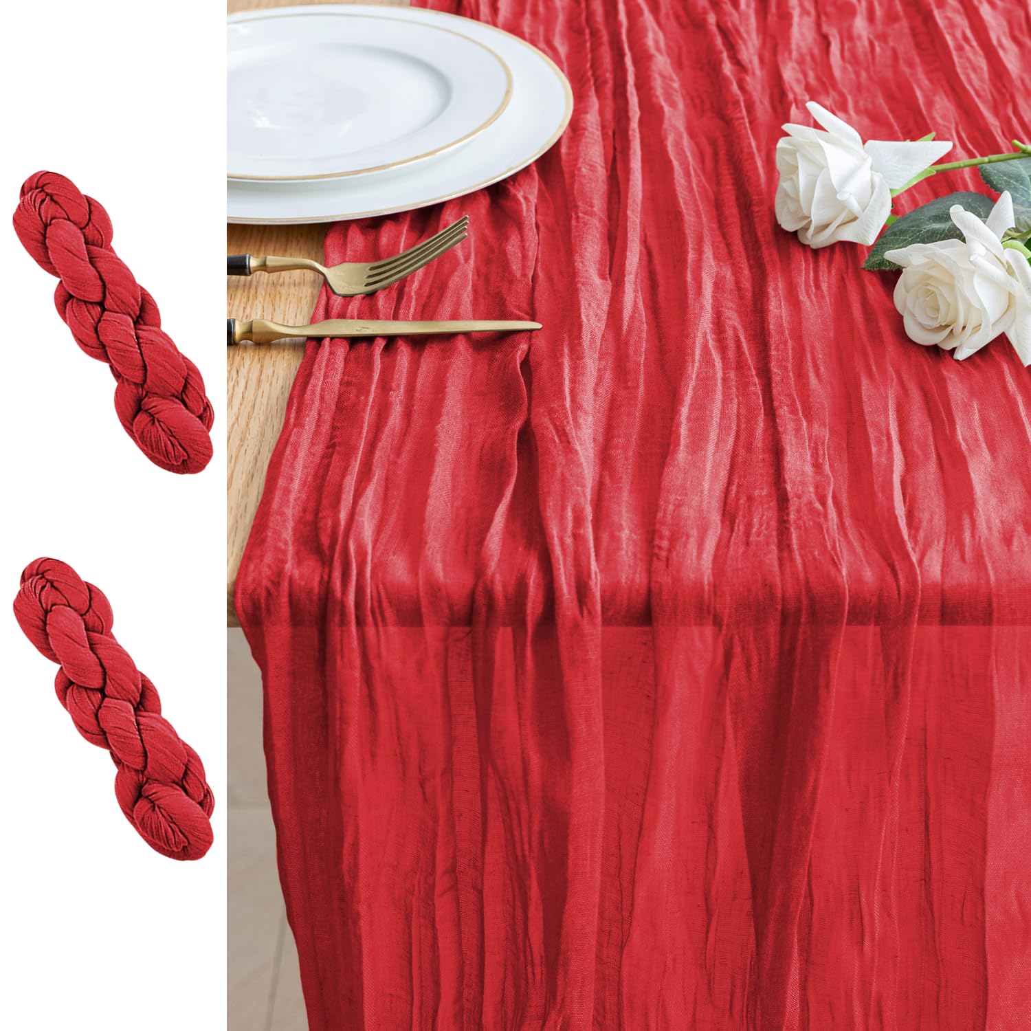 Xiomot cheesecloth table runner in red enhances rustic dining with soft drape.